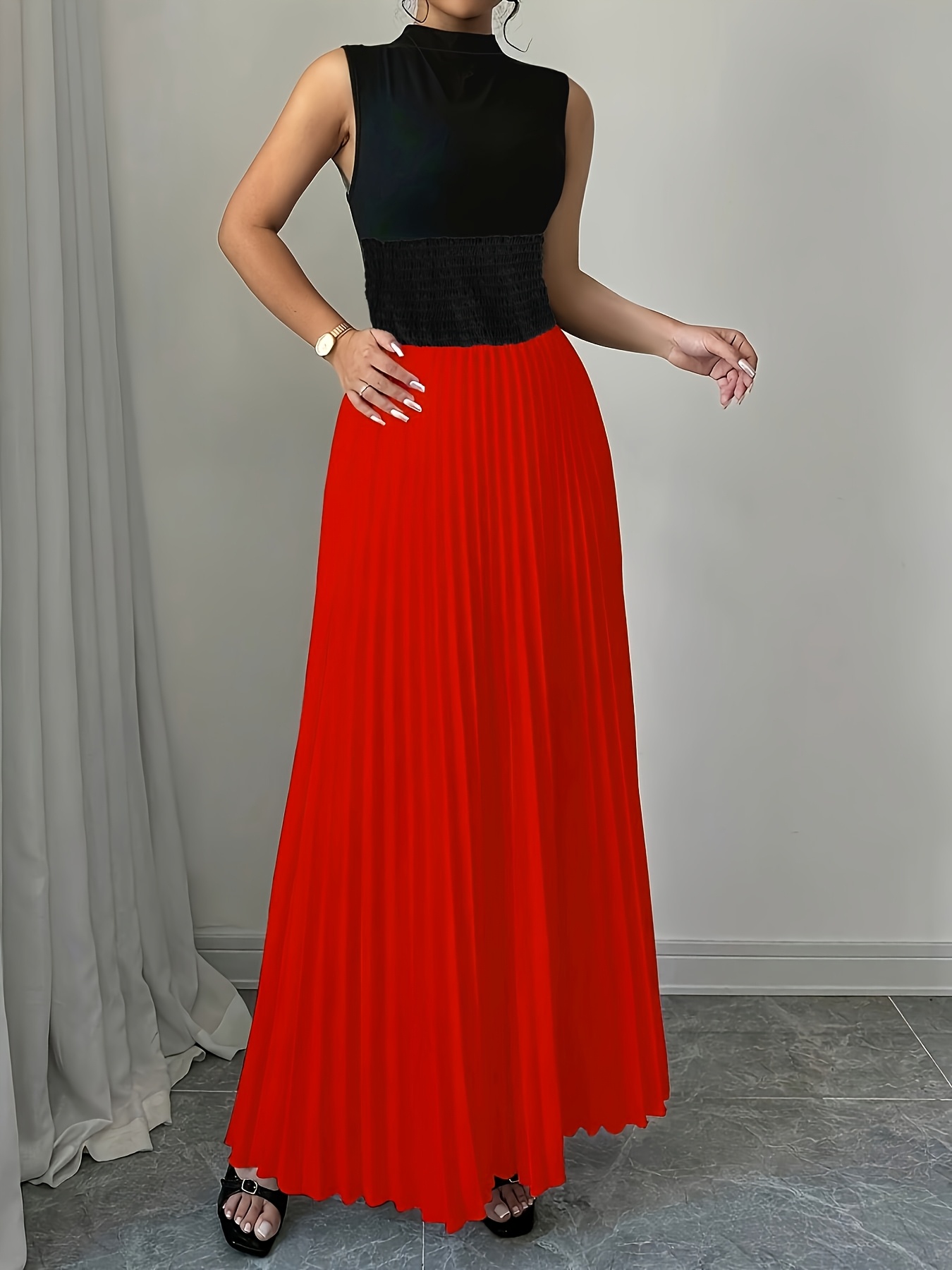 Smocked Dress Women - Women's Sleeveless Mock Neck Maxi Dress