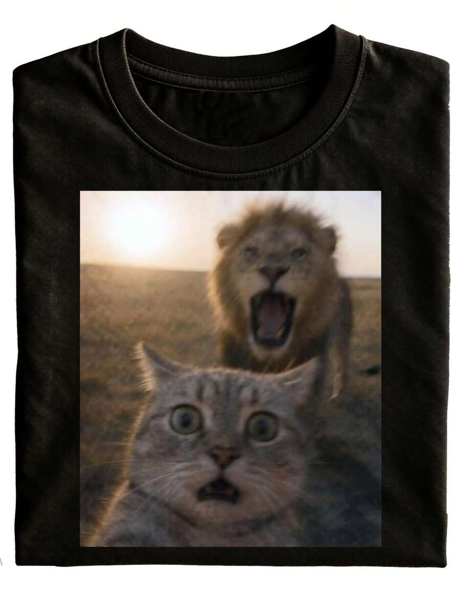 Fun Cat And Lion T-Shirt, Blac - Women Fashion Fun review and price