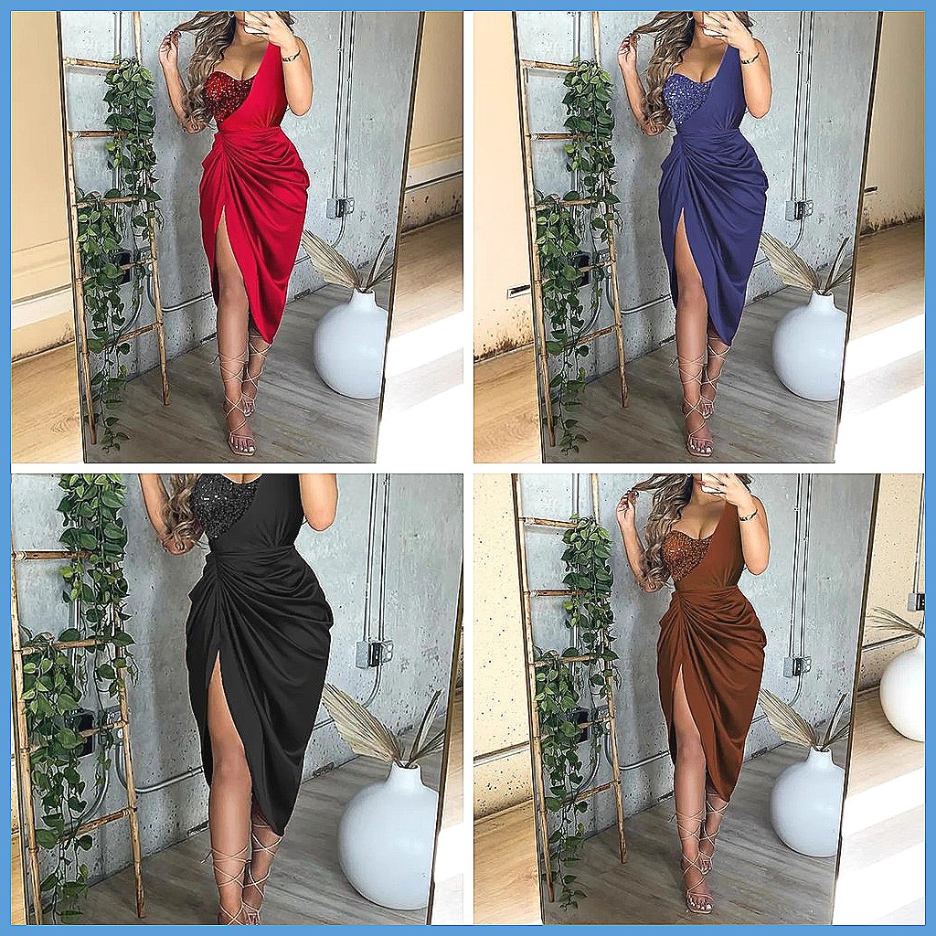 Sequin One Shoulder Slit Long  - Smocked Dress Women review and price