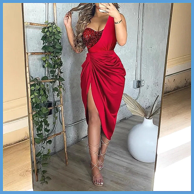 Sequin One Shoulder Slit Long  - Smocked Dress Women review and price