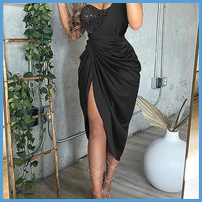 Sequin One Shoulder Slit Long  - Smocked Dress Women review and price